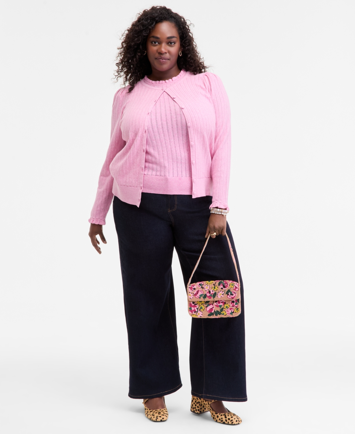 On 34th Trendy Plus Size Puff-shoulder Pointelle Cardigan, Macy's Exclusive In Pink