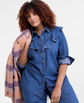 On 34th - Trendy Plus Size Ruffle-Front Long-Sleeve Denim Shirt