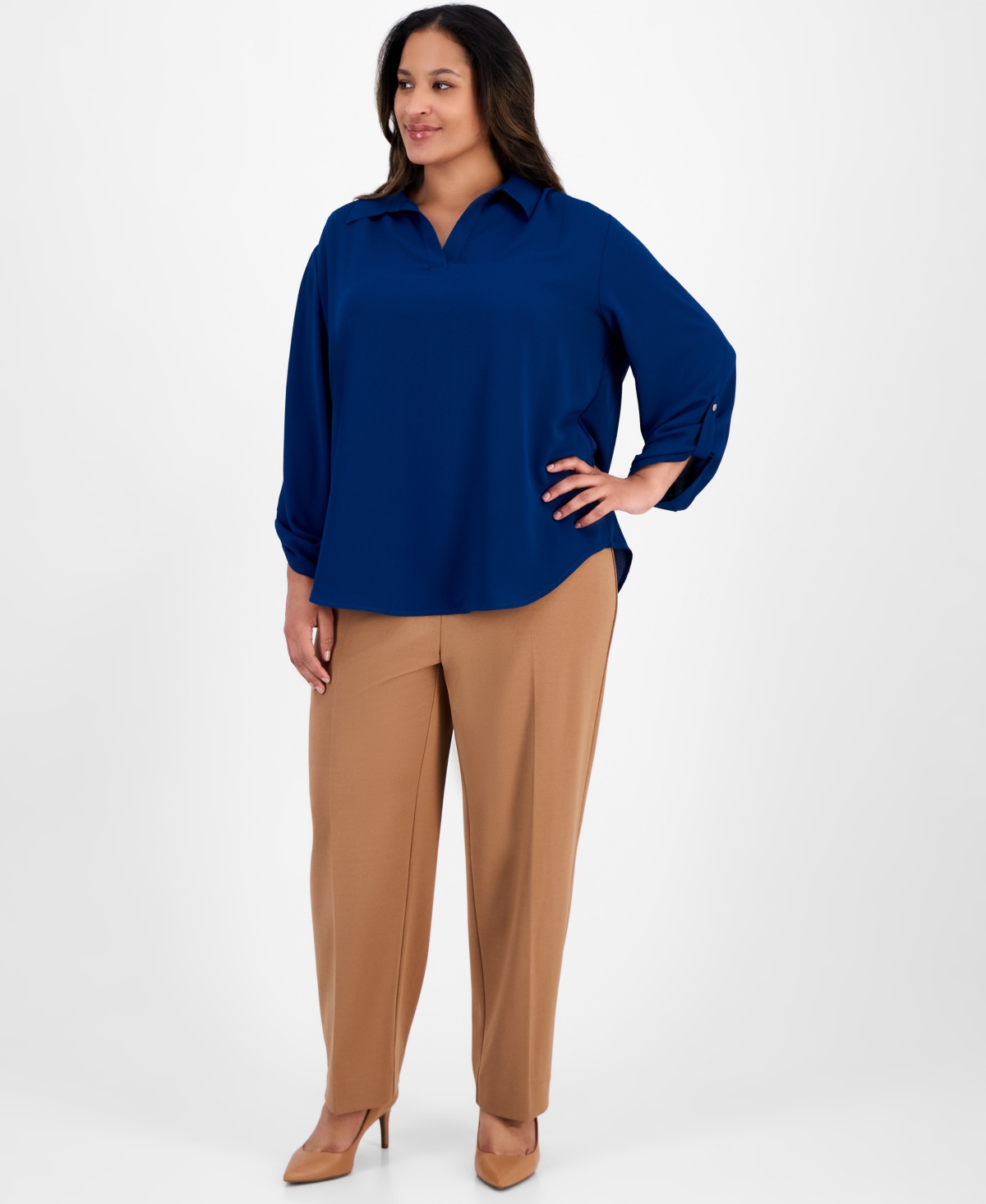Ak Anne Klein Plus Size Collared V-neck Roll-tab-sleeves In Blue