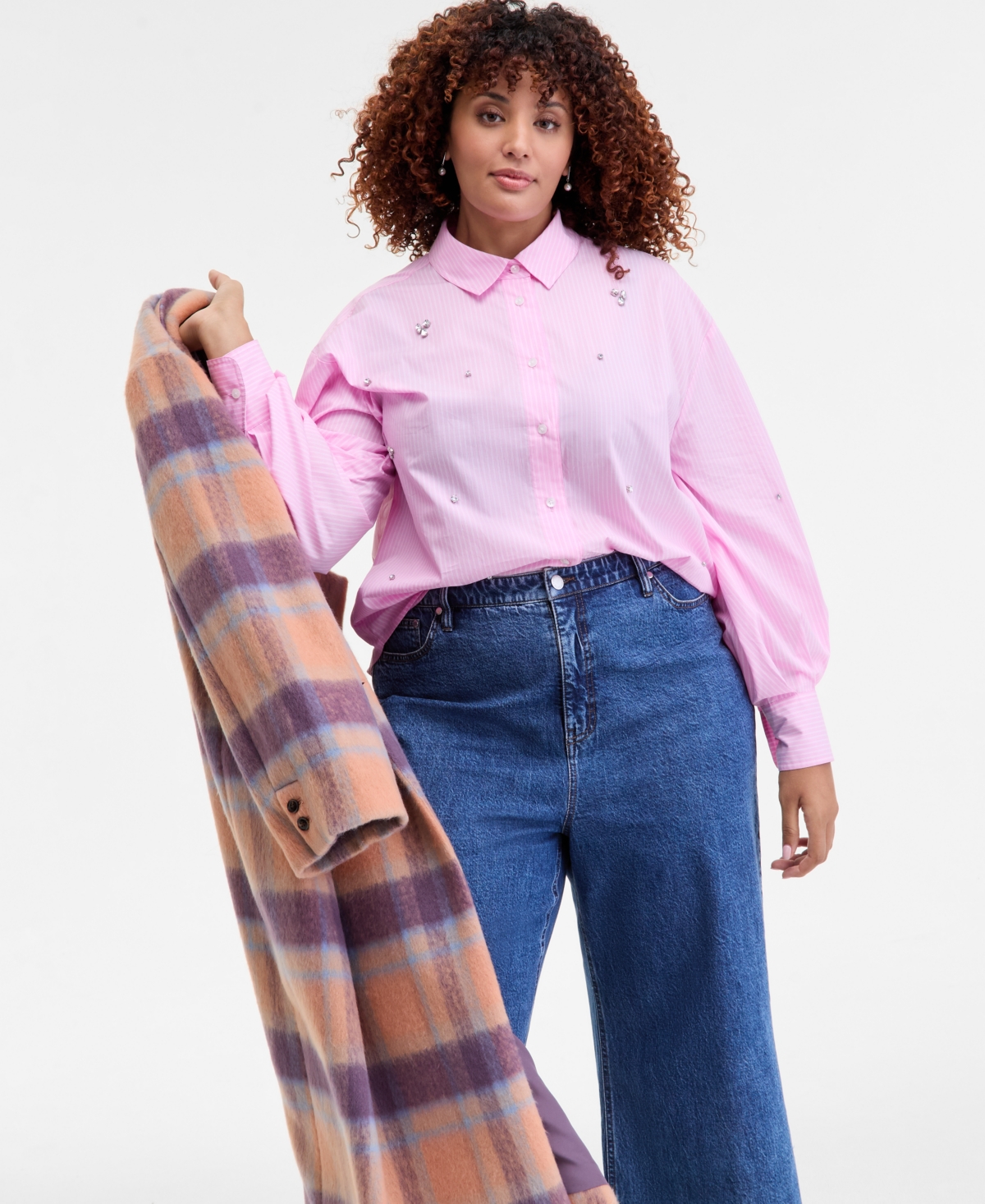On 34th Womens Embellished Striped Shirt Xxs 3x Macys Exclusive In Pink