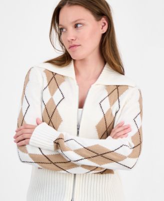Juniors' Argyle Zip-Front Cardigan Sweater