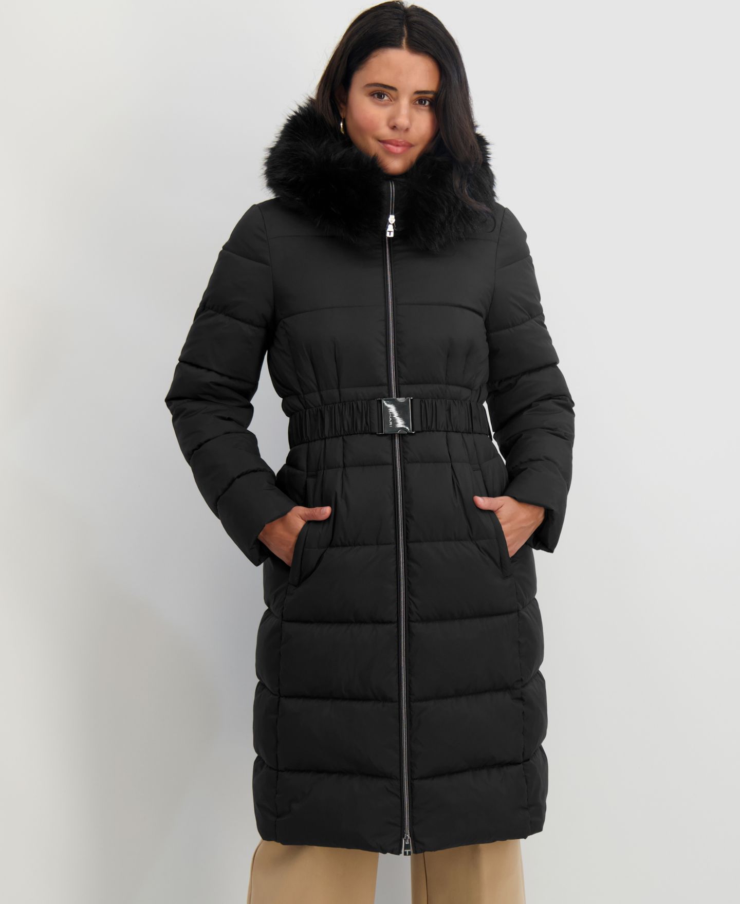 Женская куртка Tahari Faux-Fur-Trim Hooded Belted Puffer, цвет: Чёрный — фото 3