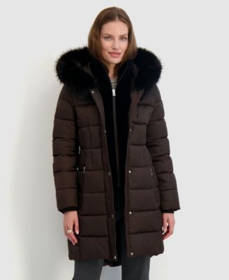 Tahari - Women's Velvet Bibbed Faux-Fur-Trim Hooded Puffer Coat