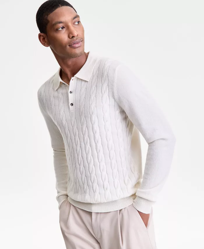 Men's Regular-Fit Cable-Knit 100% Cashmere Sweater Polo Shirt - thumbnail 9