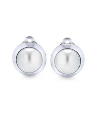 Set of 2 Button Style Round Dome Bezel Pearl Clip-On Earrings in Gold Plated Brass