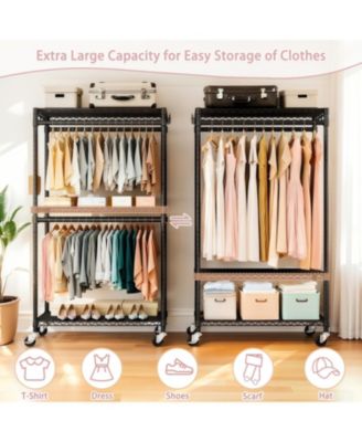 Heavy Duty Rolling Clothes Rack with Shelves &amp; Hooks
