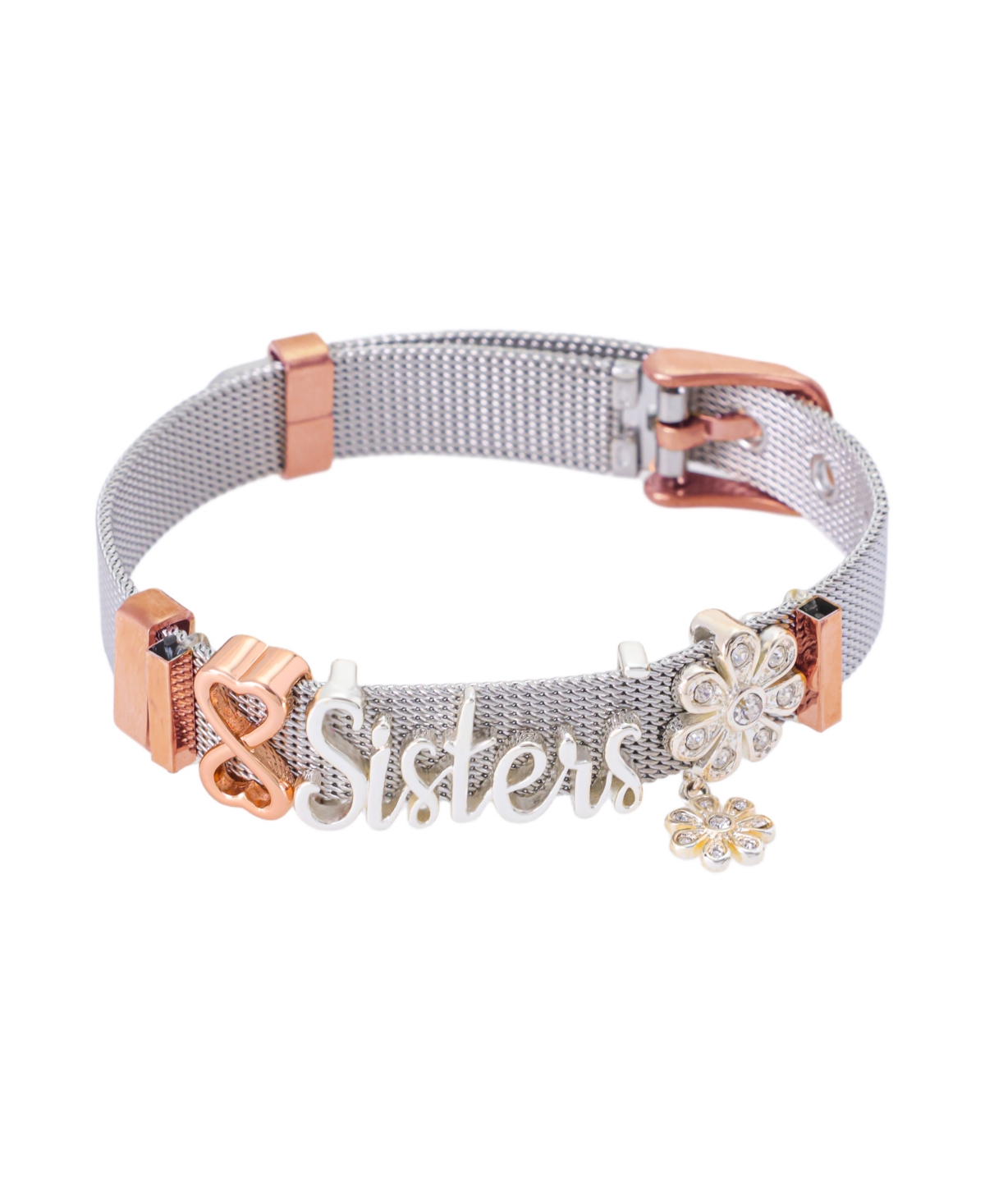 Fine Silver Plated Crystal Sisters Mesh Chain Bracelet - Two-Tone