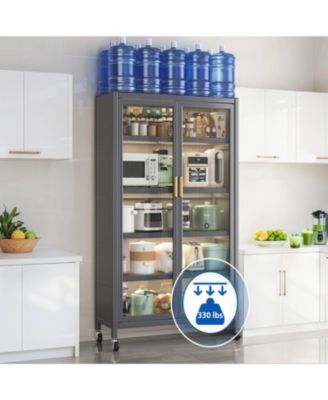 65" Kitchen Pantry Cabinet with Transparent Door & Wheels Gray