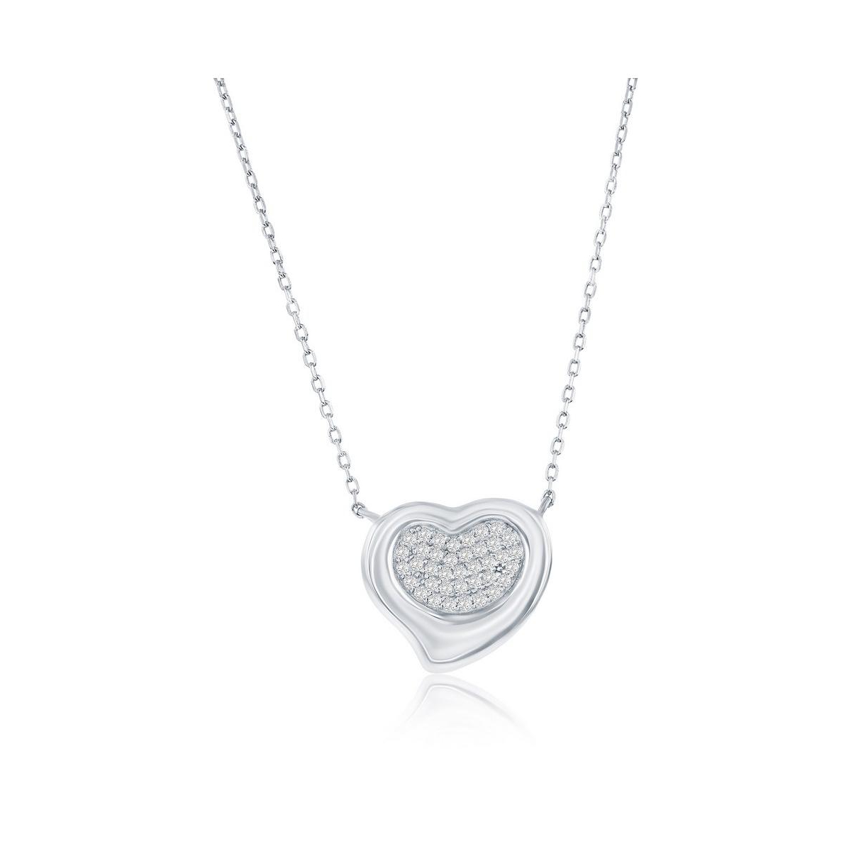 Sterling Silver, Puffed Polished & Pave Cz Heart Necklace - Silver