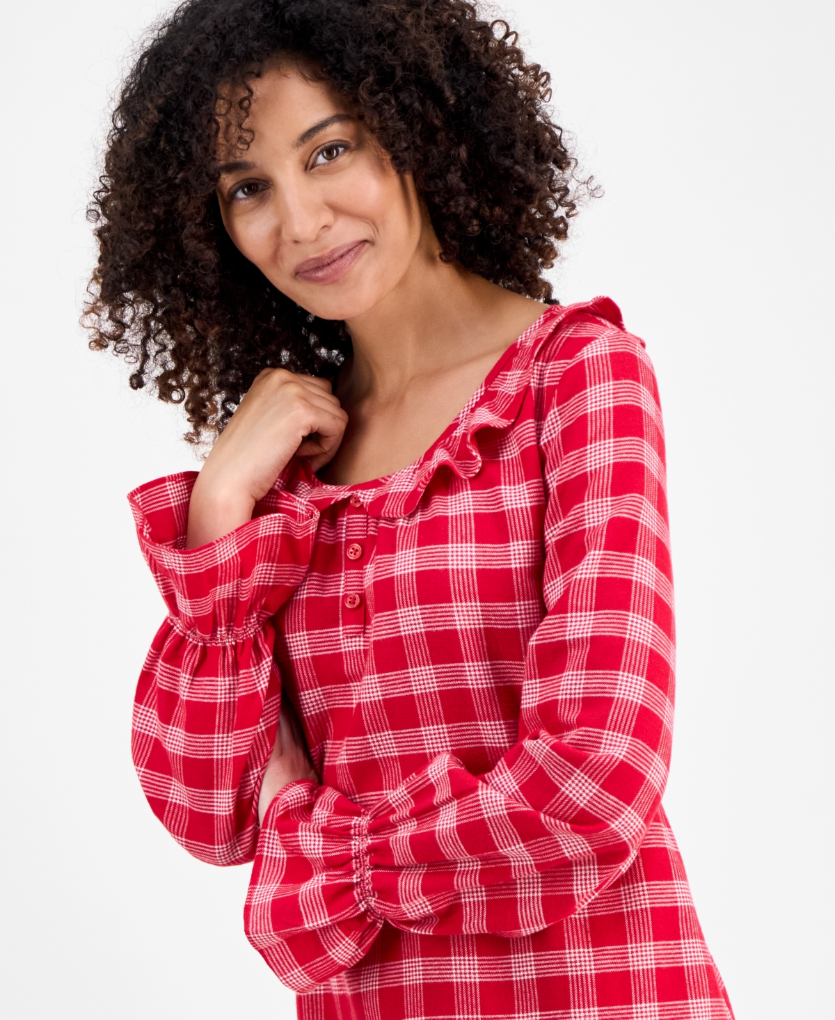 Charter Club Women's Flannel Ruffle-neck Long Sleeve Nightgown In Red