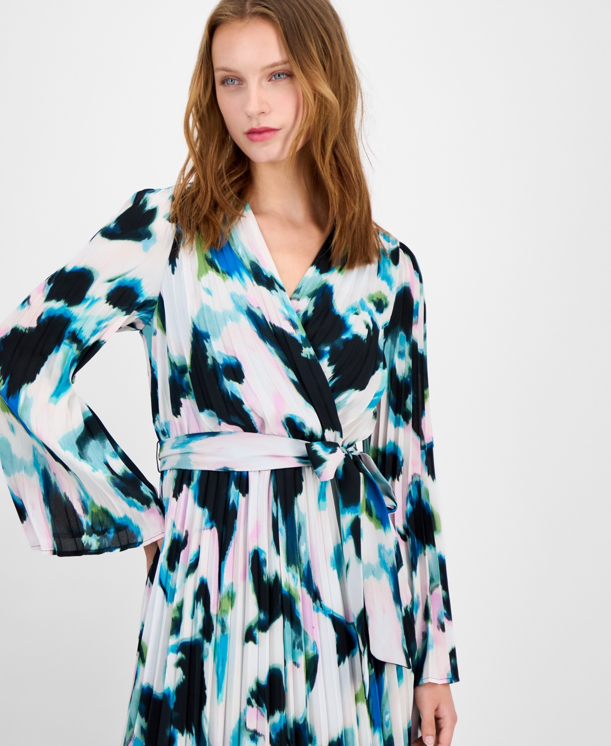 Inc International Concepts Petite Printed Pleated Dress, Macy's Exclusive In Blue