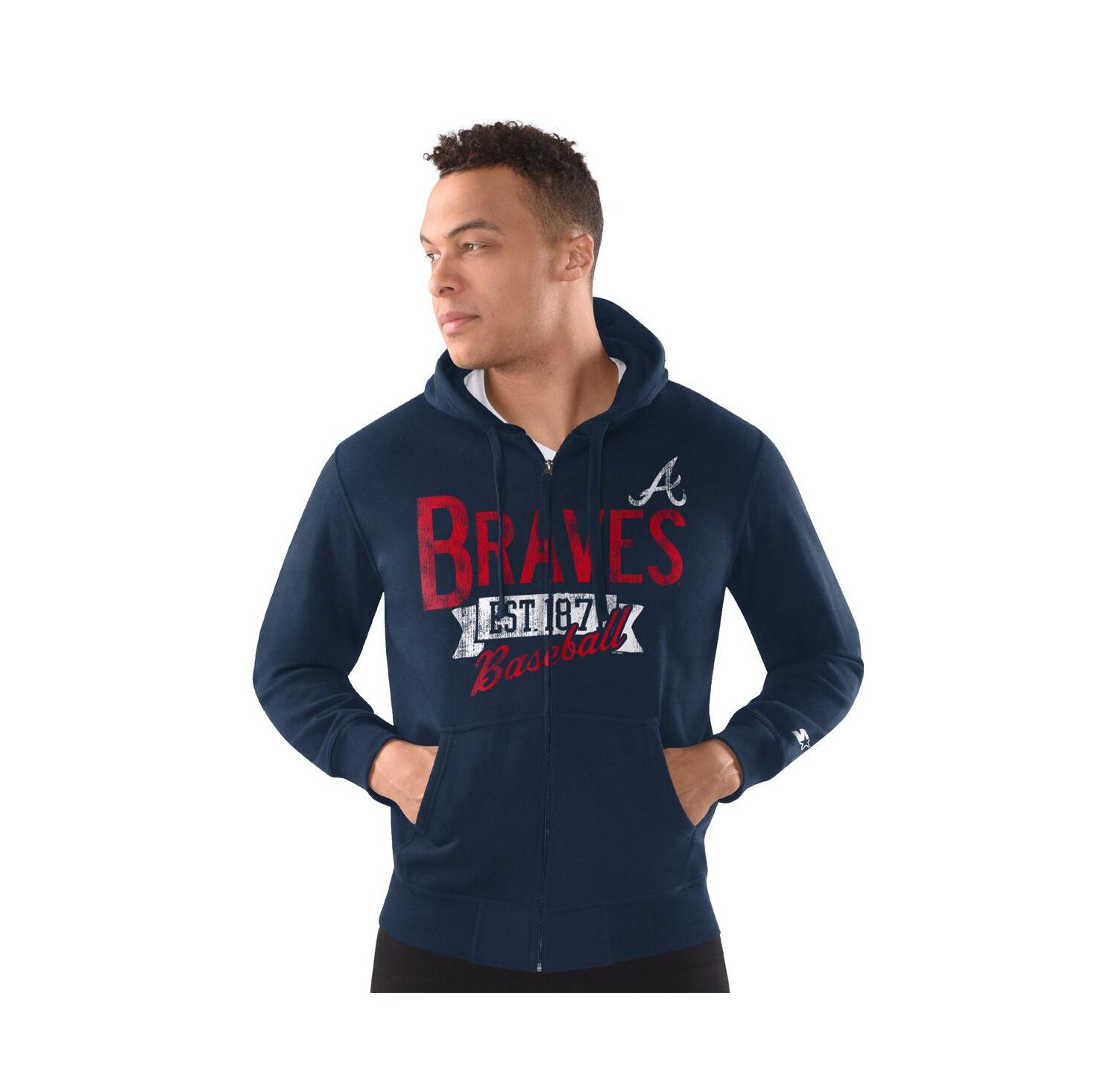 Men's Navy Atlanta Braves Distressed Full-Zip Hooded Jacket