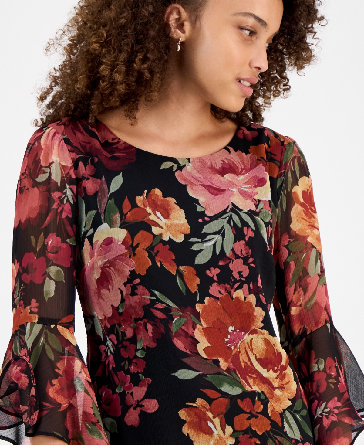 Connected Petite Floral-print Bell Flare-sleeve Dress In Multi
