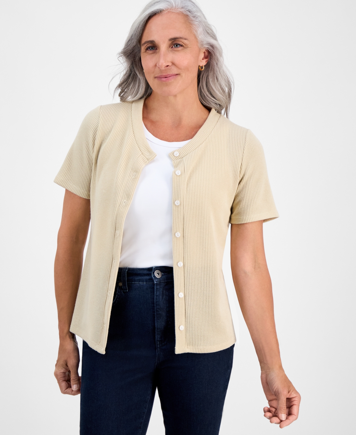 Petite Short-Sleeve Crewneck Cardigan, Macy's Exclusive - Stone