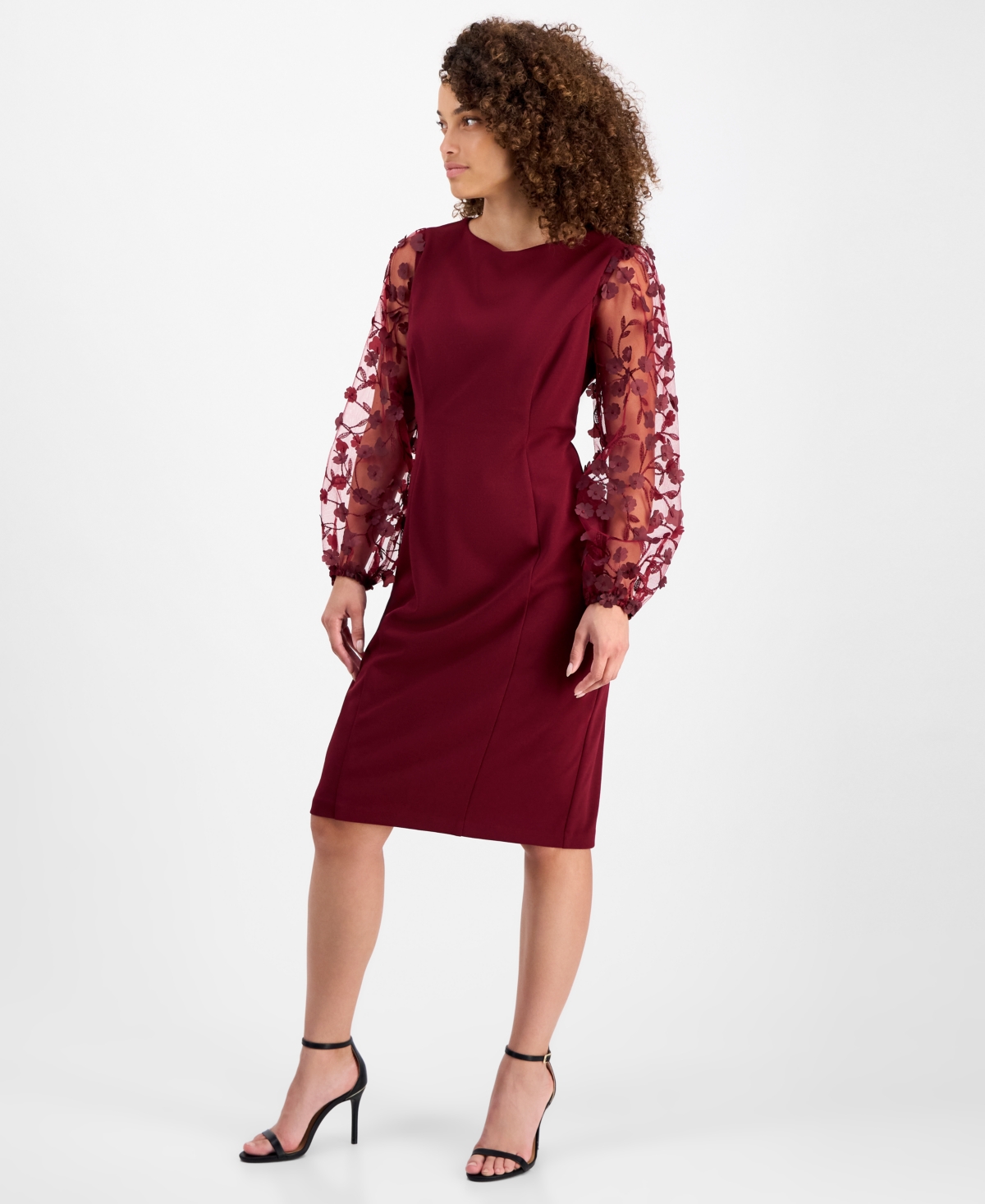 Connected Petite Sheer-sleeve Applique Sheath Dress In Red