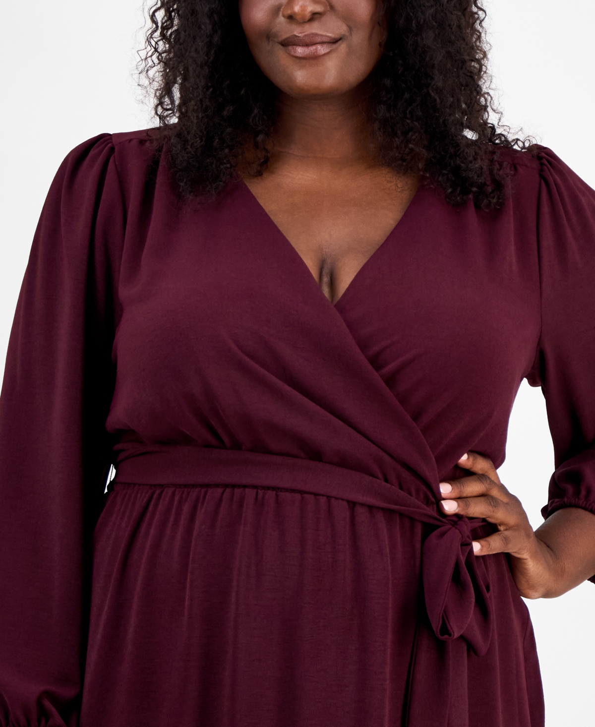 Connected Plus Size Tie-front Wrap Maxi Dress In Burgundy