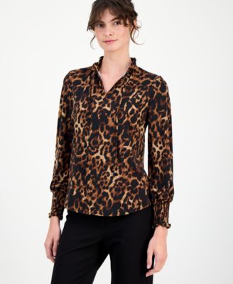 Anne Klein - Petite Ruffled-Neck Smocked-Cuff Top