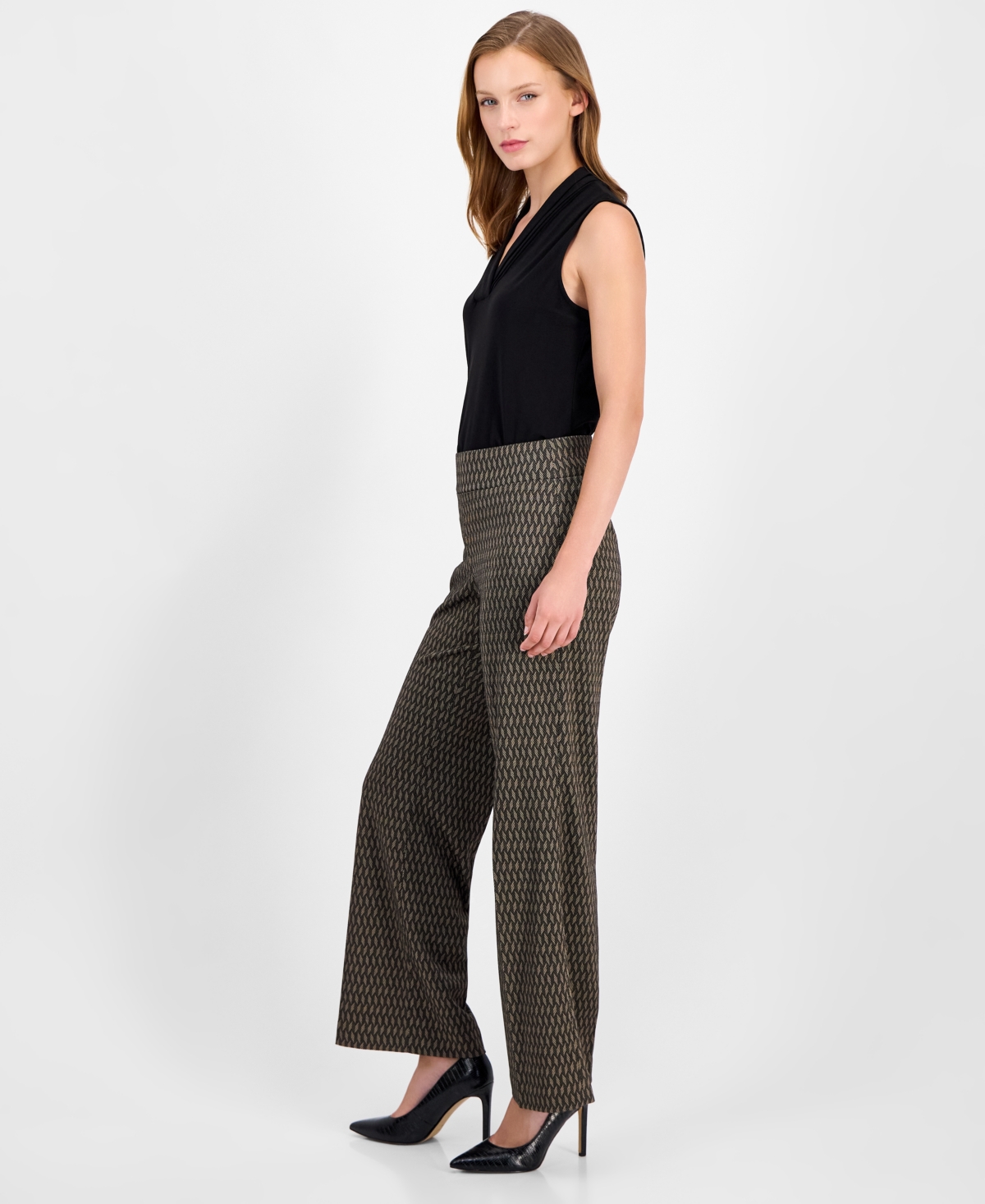 Anne Klein Chevron High Waist Pull-on Wide Leg Pants In Gray