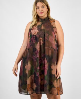 Plus Size Floral Chiffon Mock-Neck Chiffon Dress