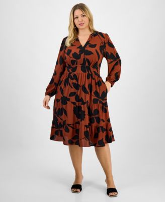 Plus Size Printed Tie-Waist Tiered Long-Sleeve Dress