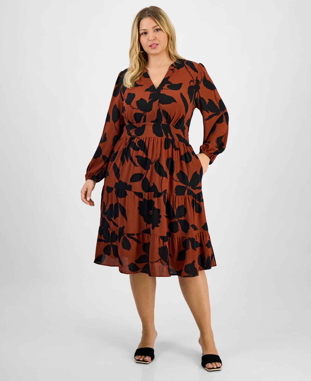 Robbie Bee Plus Size Printed Tie-waist Tiered Long-sleeve Dress In Multi