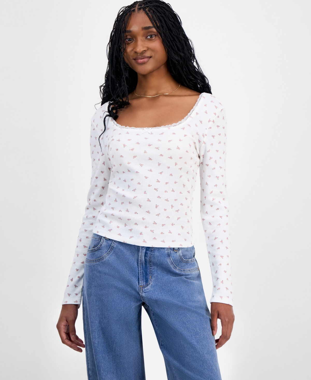 Hippie Rose Juniors' Floral-print Lace-trim Top