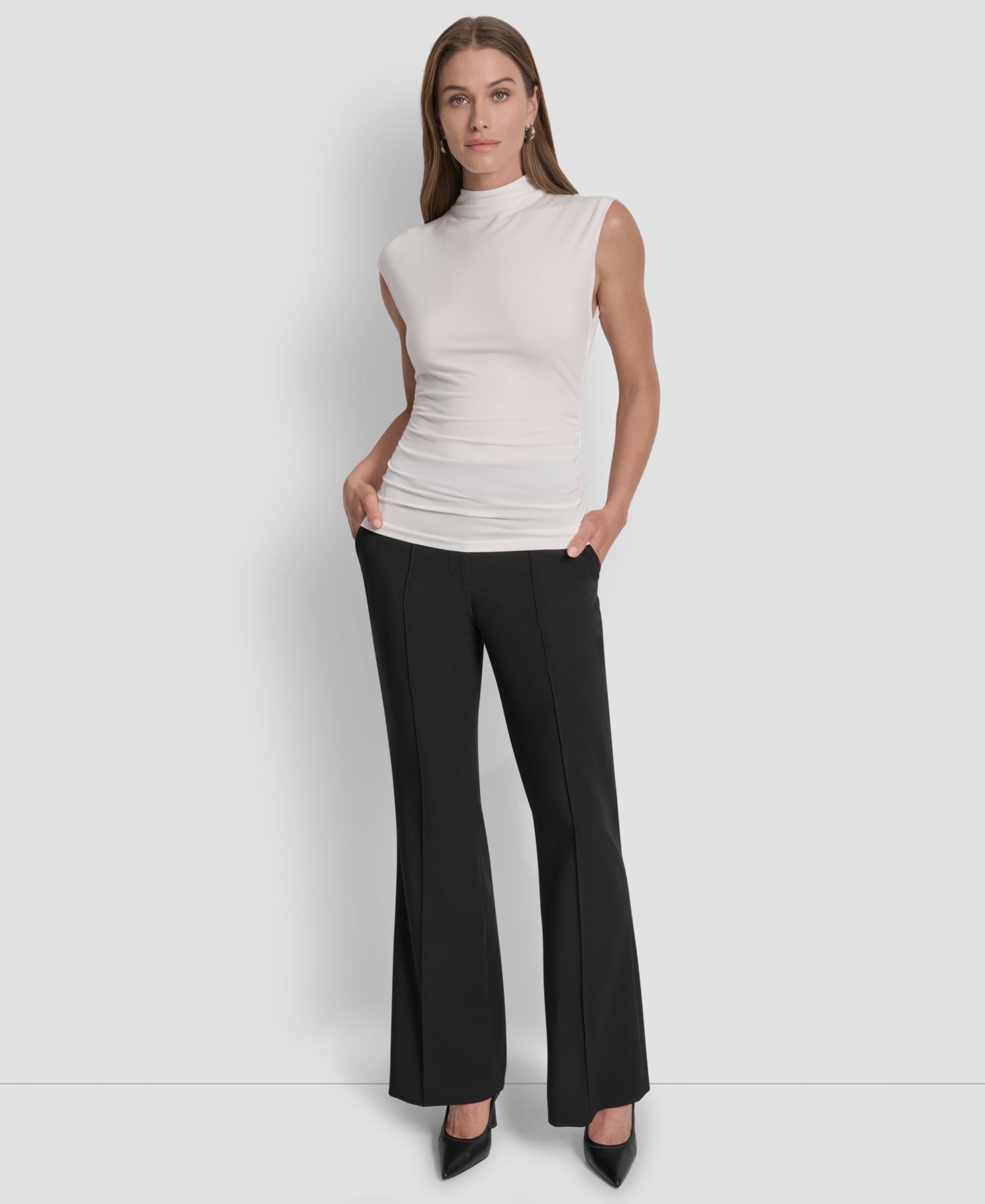 Petite Mock-Neck Sleeveless Side-ruched Knit Top