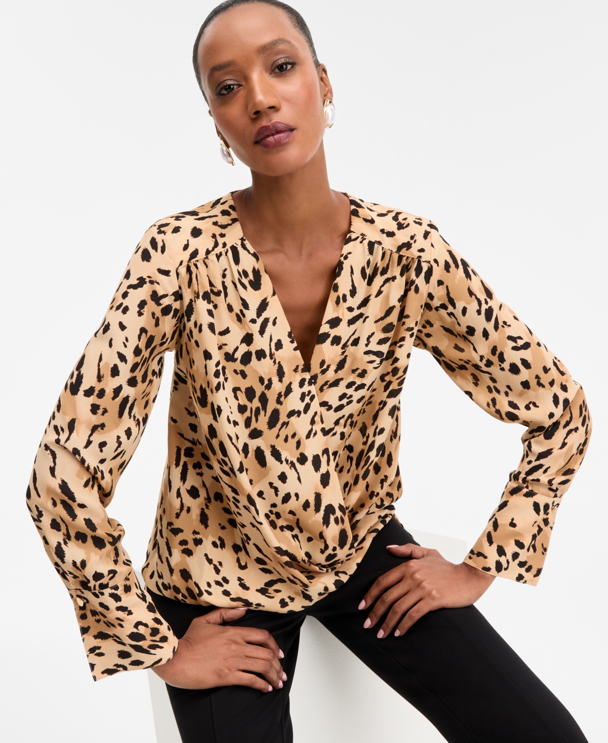 Inc International Concepts Women's Printed Surplice-neck Blouse, Macy's Exclusive In Neutral