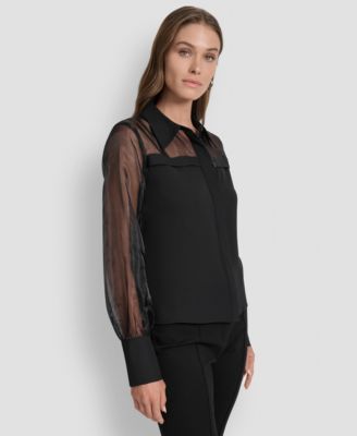 Women's Mixed-Media Organza Long-Sleeve Blouse