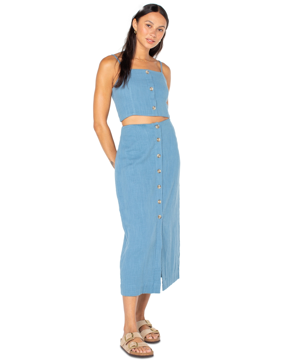 Roxy Juniors' Island Nomad Button-front Back-tie Cotton Cropped Top In Blue