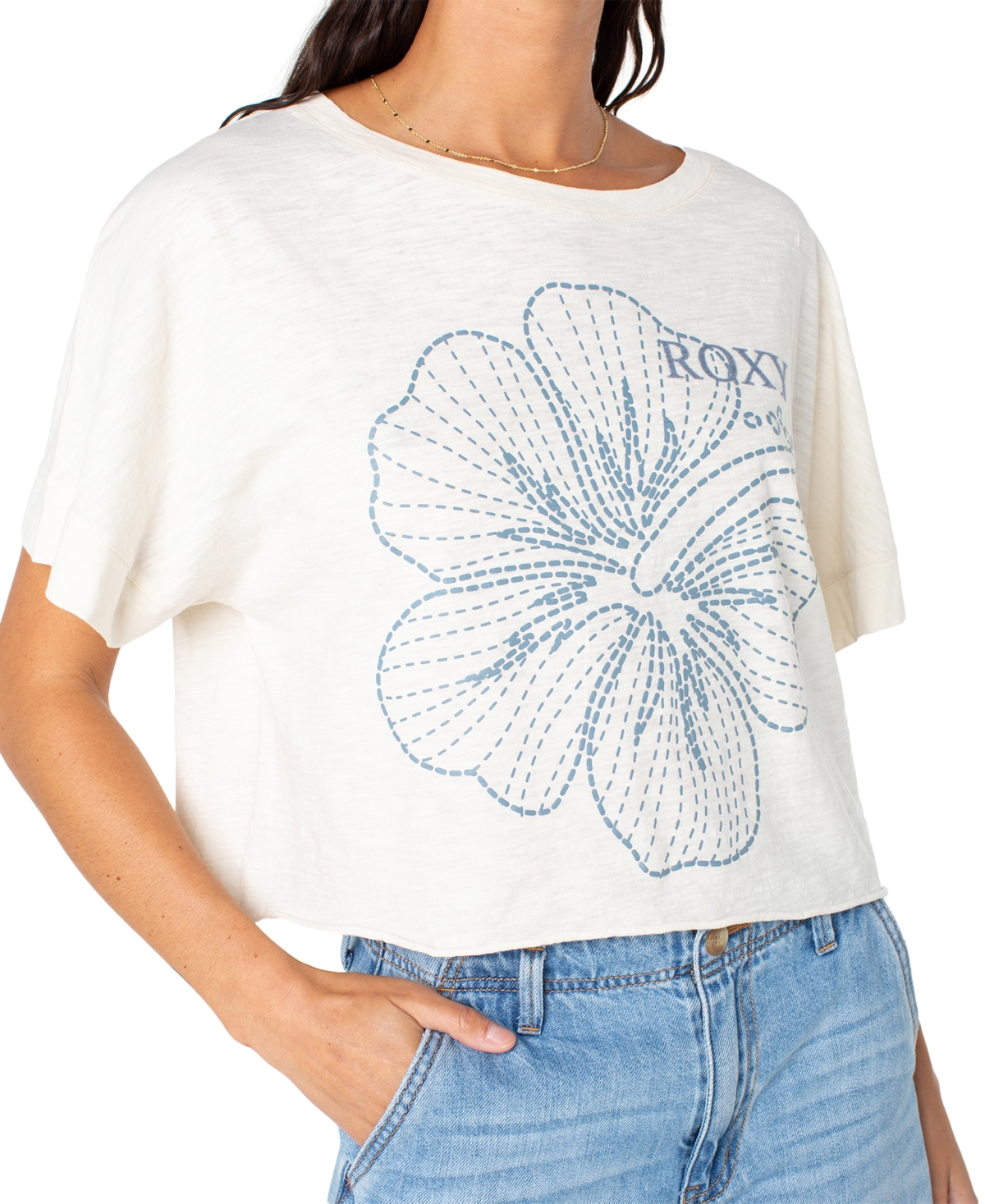 Roxy Juniors' Stitched Bloom Cropped Cotton T-shirt In White
