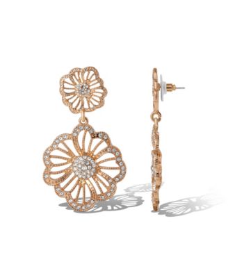 Gold-Tone Floral Drop Earrings with Pave Crystal Accents