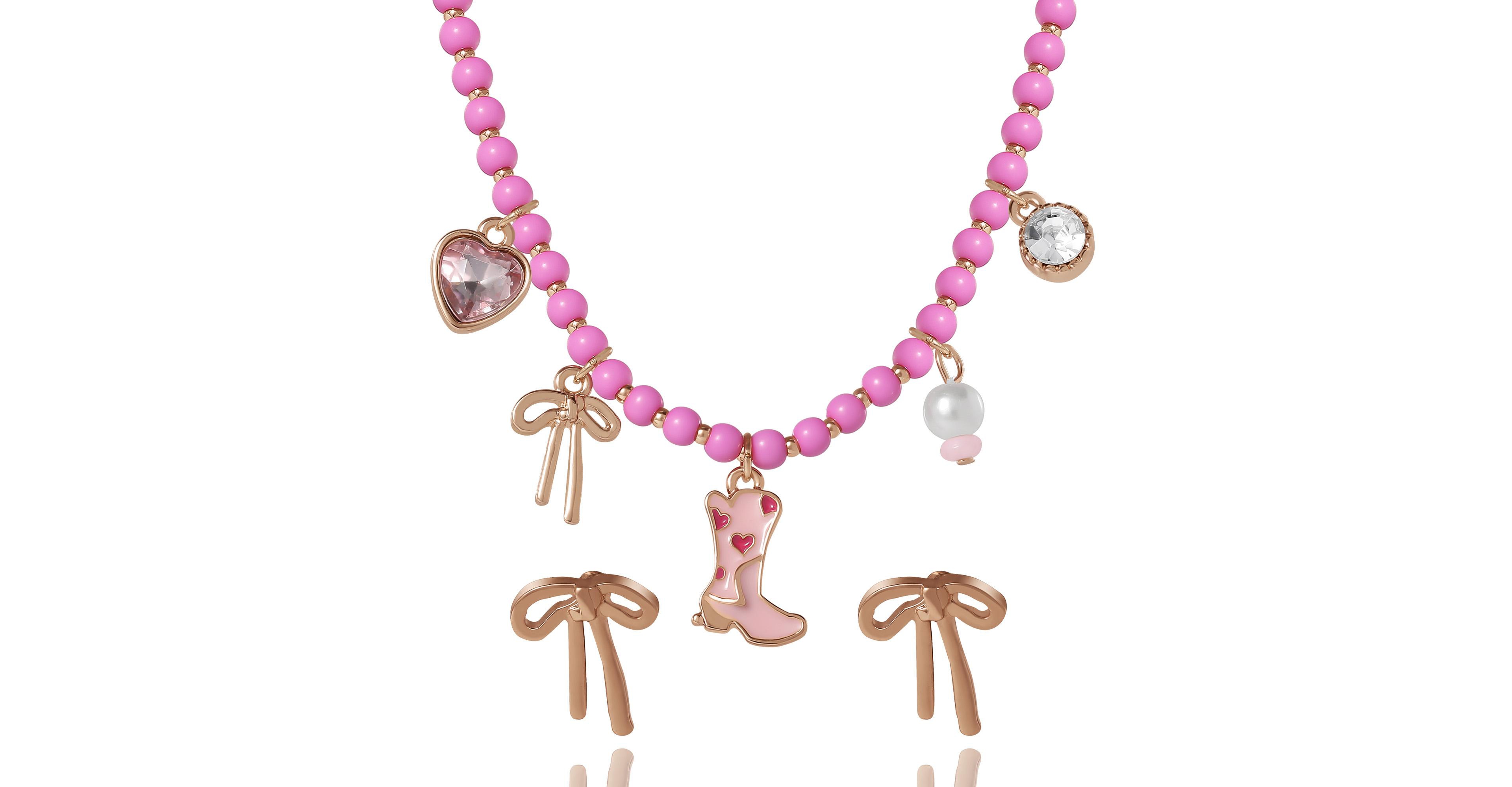 Jessica Simpson Kids Charm Necklace & Earrings Set - Pink & Gold Western Style