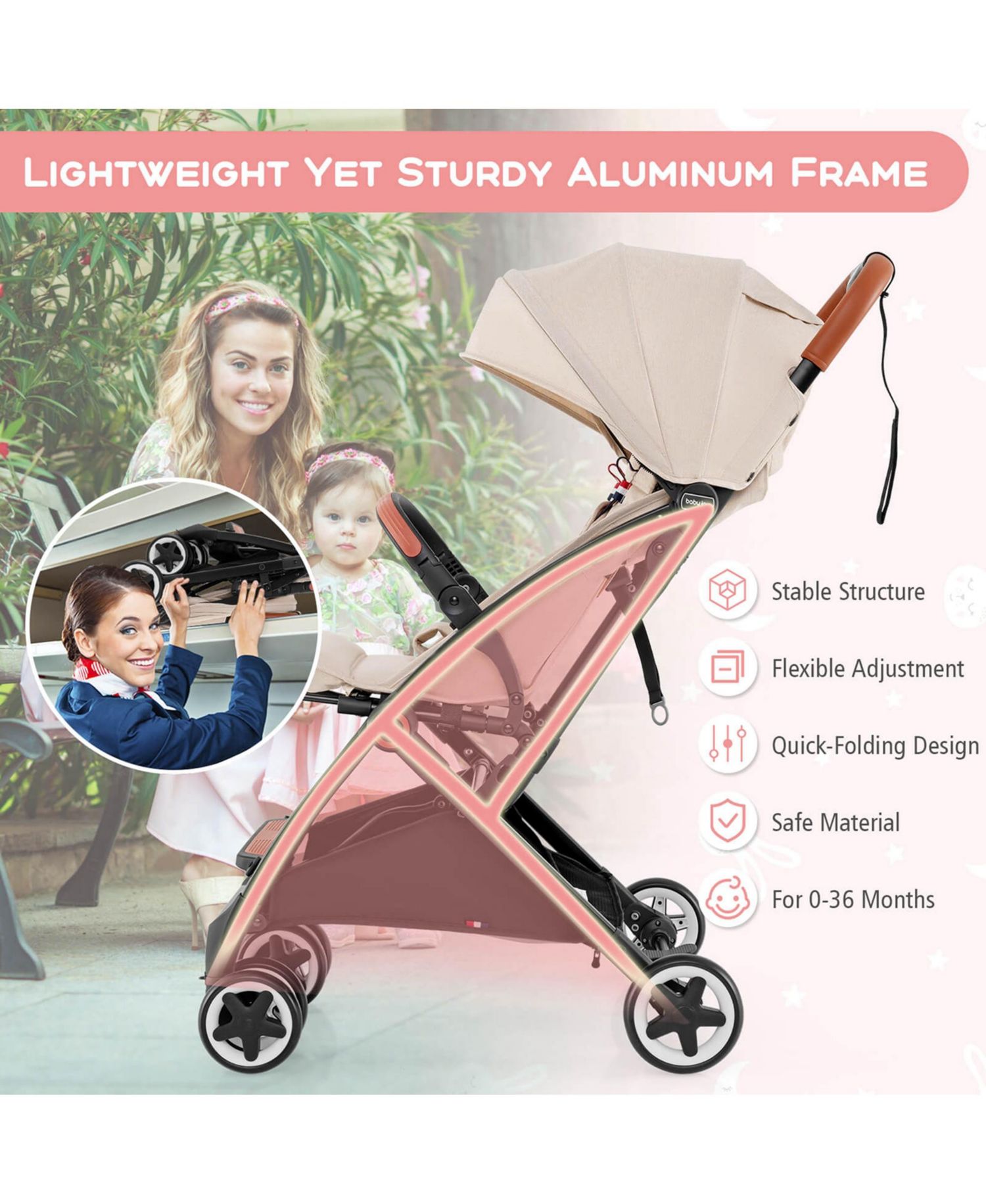 Lightweight Baby Stroller Aluminium Frame for Home Office Use