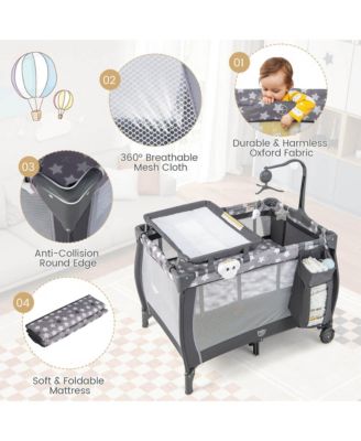 Kids Portable Playard Nursery Center Crib with Hanging Toys & Music Box