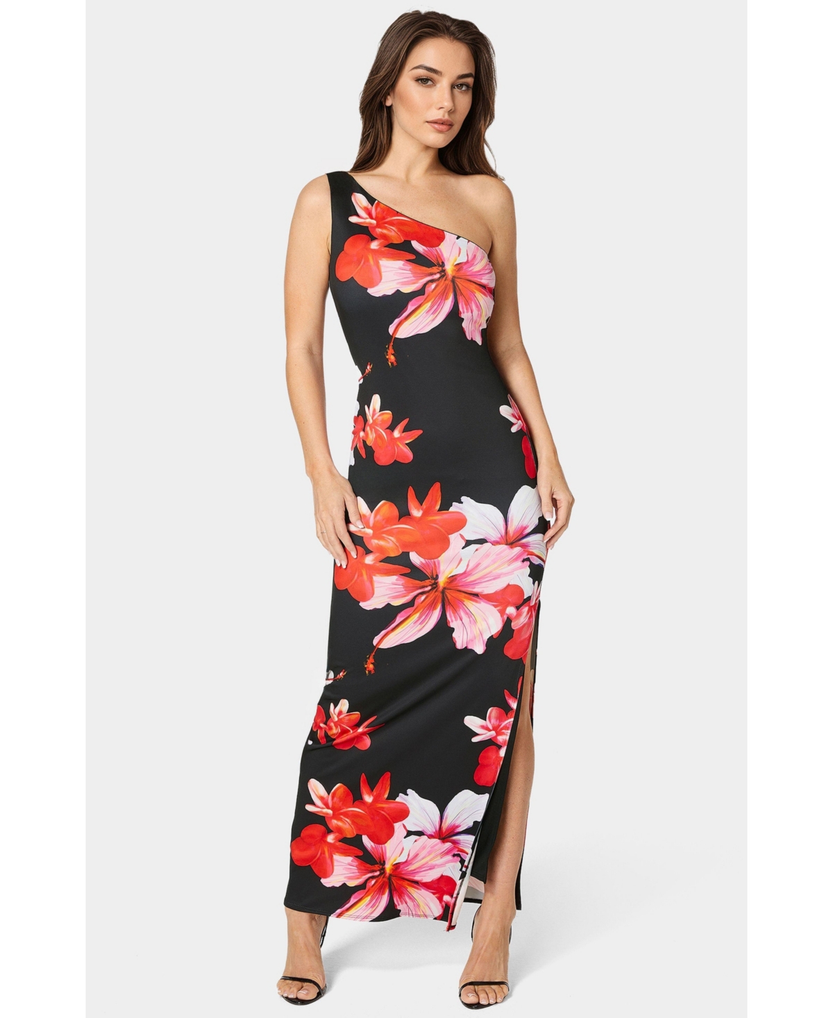 Women's One Shoulder High Slit Maxi Dress - Hibiscus