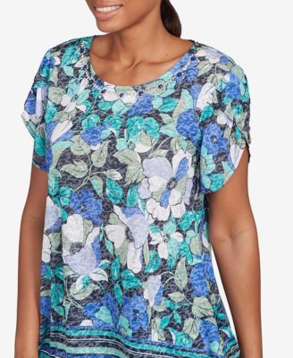 Petite Floral Striped Border Flutter Sleeve Top