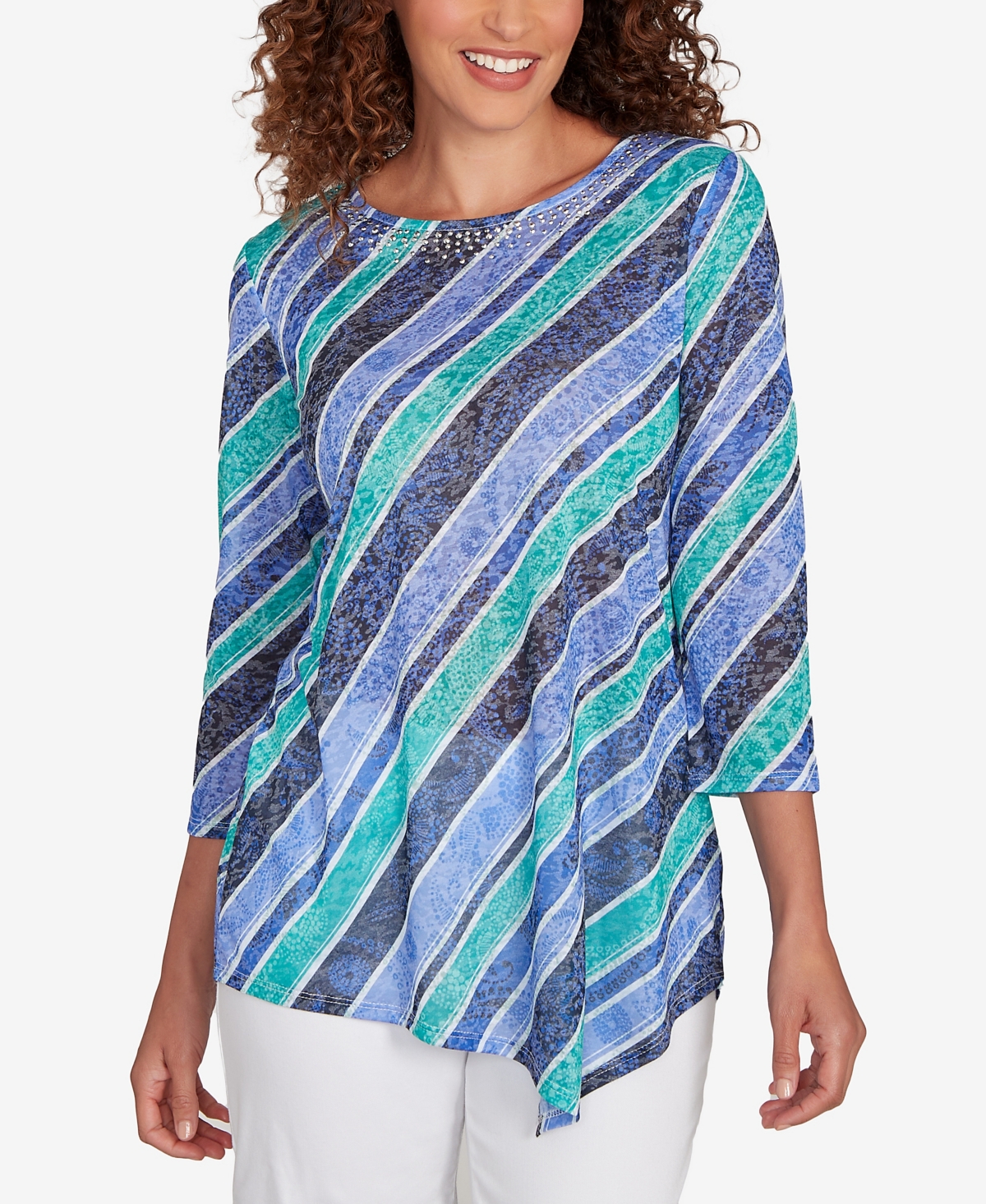 Petite Bias Stripe Beaded Top - Navy Multi