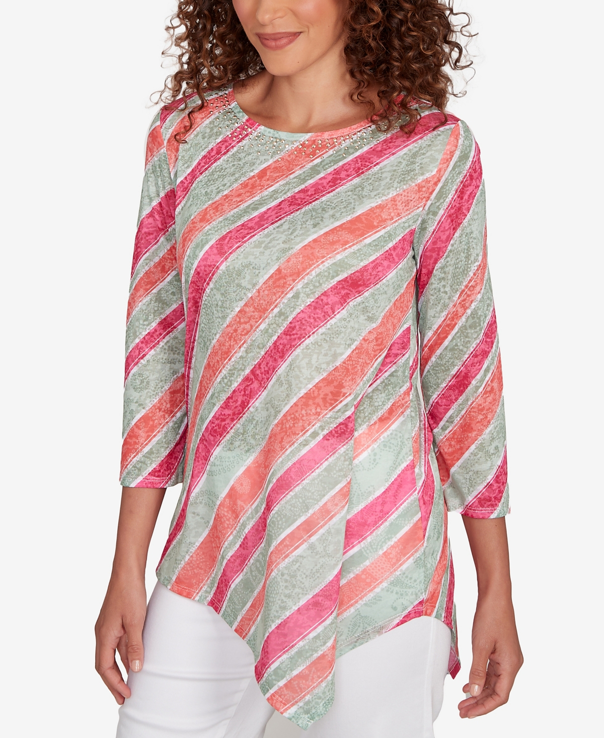 Petite Bias Stripe Beaded Top - Navy Multi