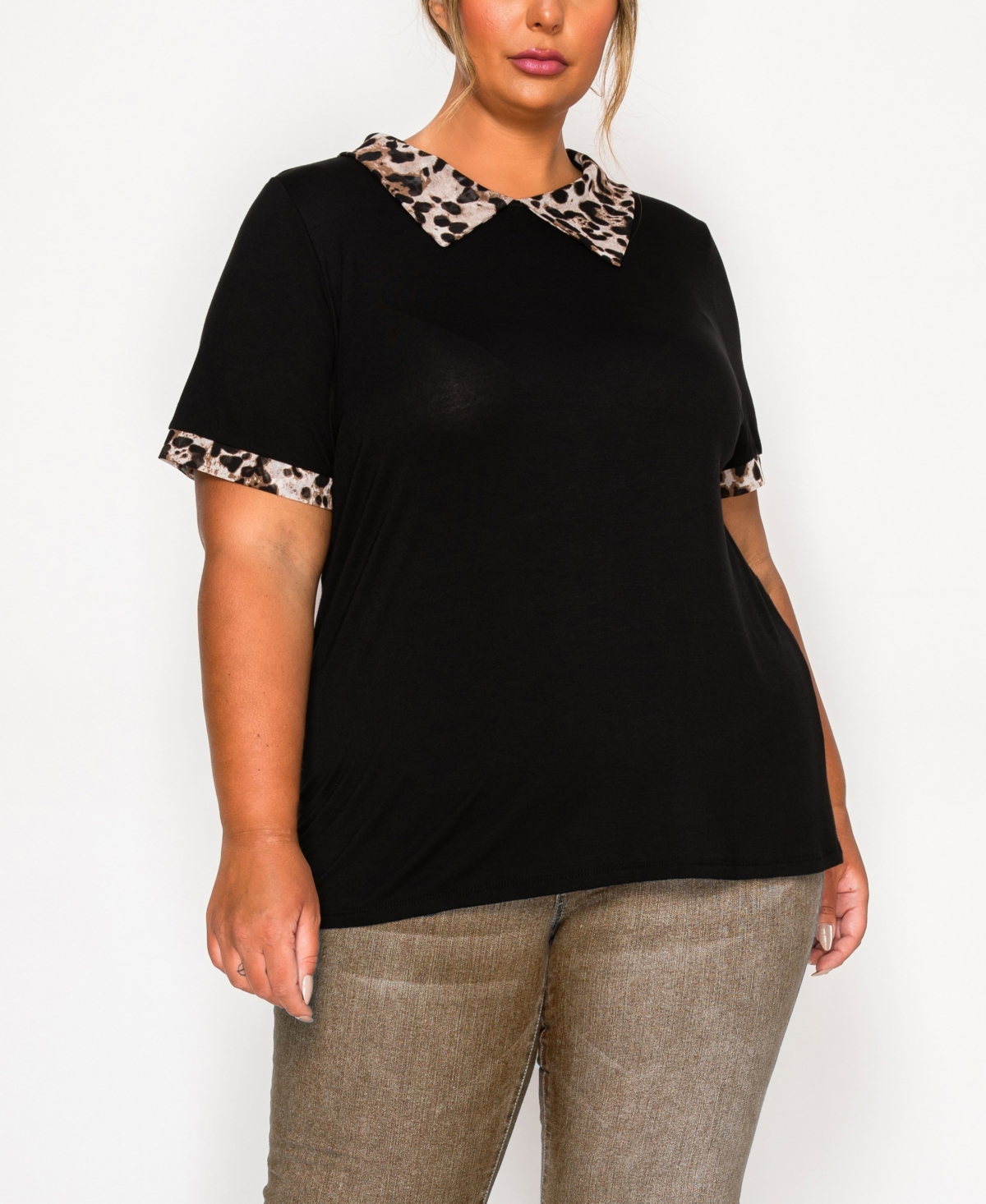 Plus Size Leopard Print Mesh Collar Keyhole Back Short Sleeve Top - Black
