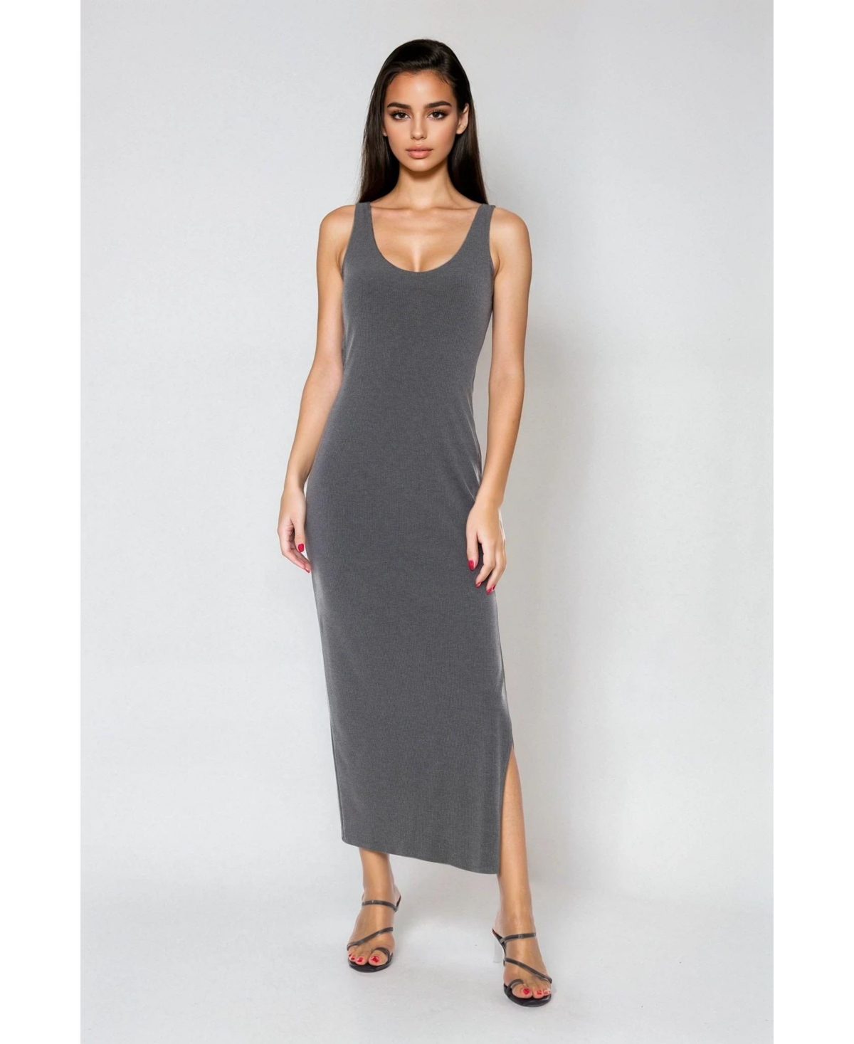 Women's V-Neck Tank Rib Maxi Dress - Charcoal