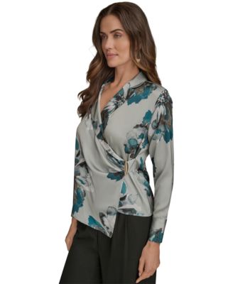 Petites Long-Sleeve Printed Shawl-Collar Blouse