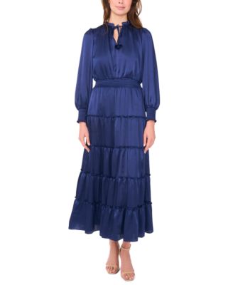 MSK - Women's Long-Sleeve Tie-Neck Smocked-Waist Tiered Maxi Dress