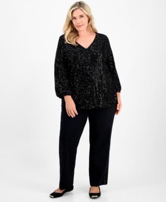 Plus Size Sequinned V-Neck 3/4-Sleeve Top, Macy's Exclusive