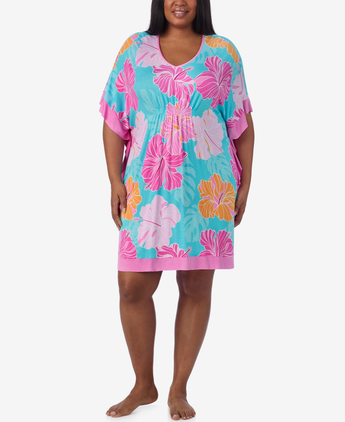 Plus Size Short Sleeves Sleepwear Caftan - Hibiscus Floral