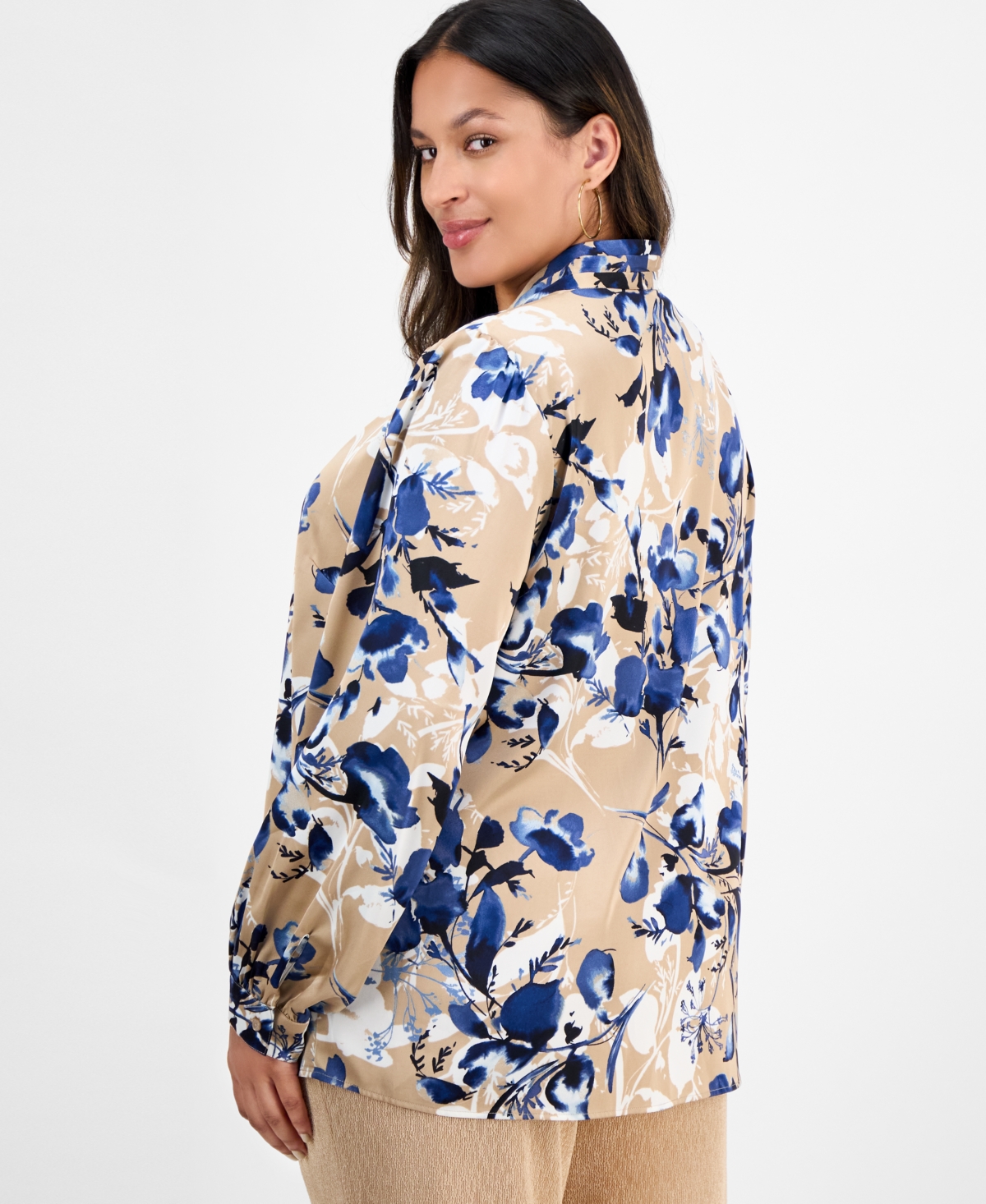 Kasper Plus Pleated V-Neck Floral Print Blouse