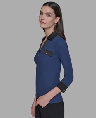 Petite Collared V-Neck Rib-Knit Top