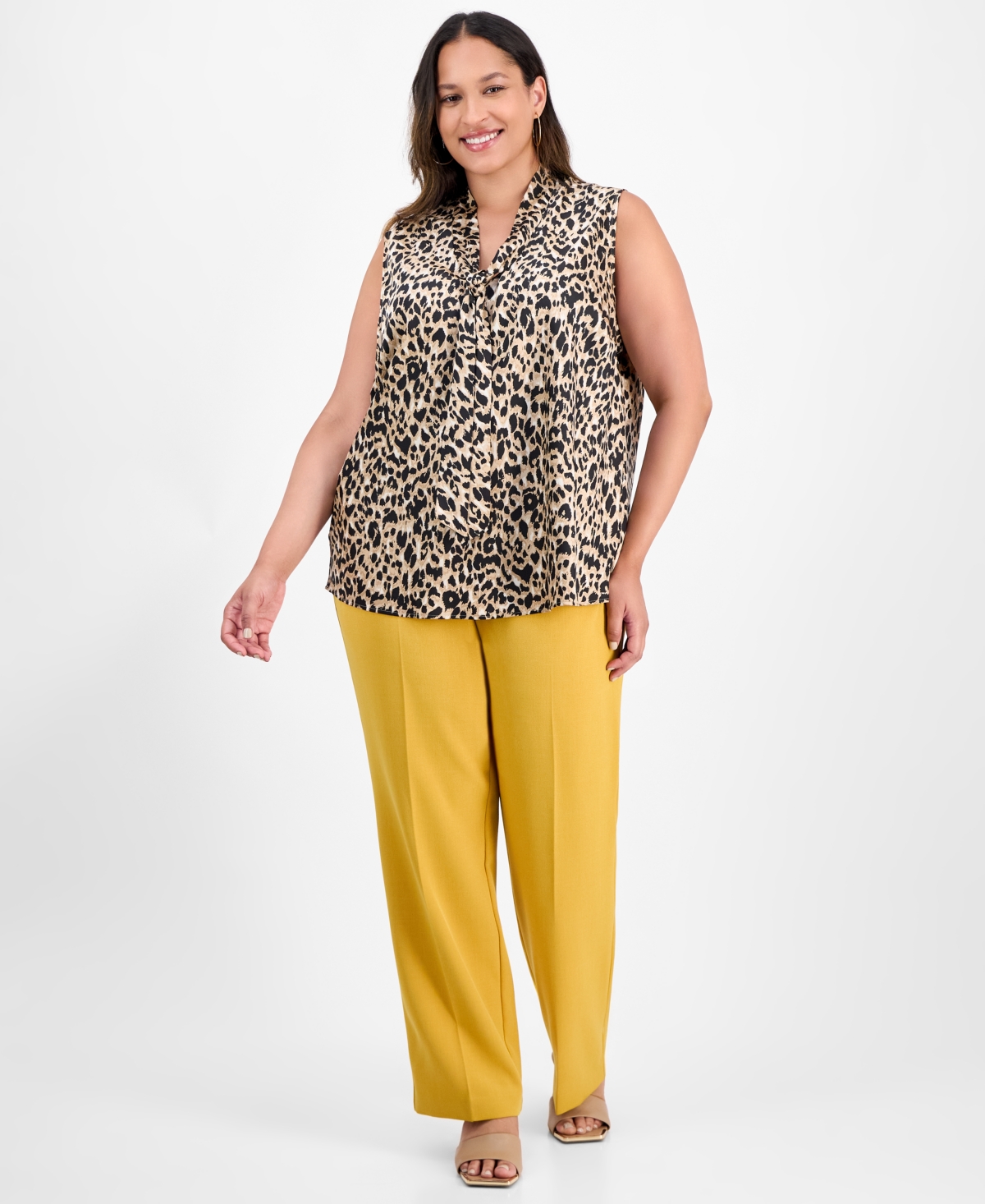 Kasper Plus Size Printed Sleeveless Tie-neck Blouse In Multi