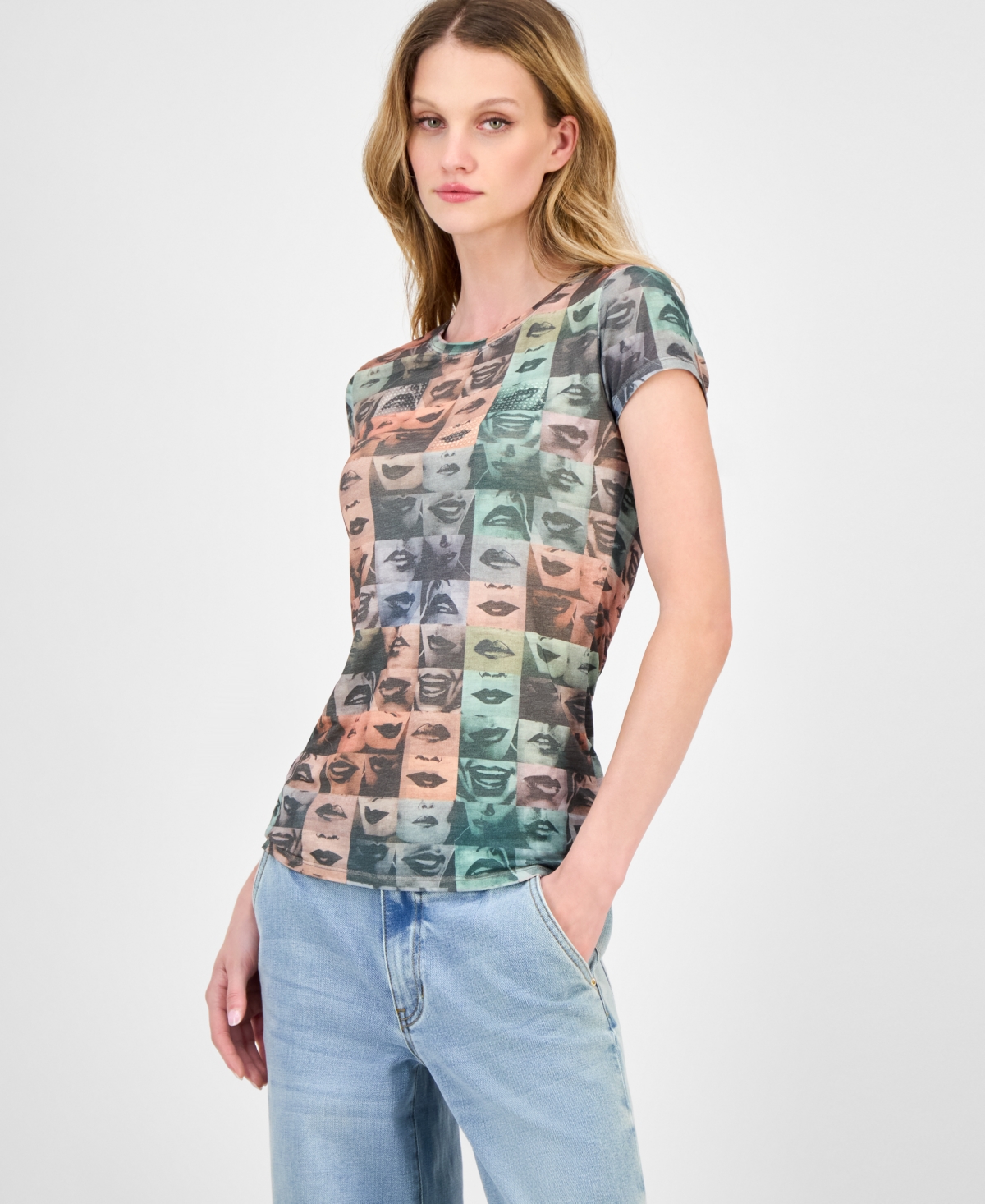 Guess Checkered Lips Crewneck T-shirt In Blue
