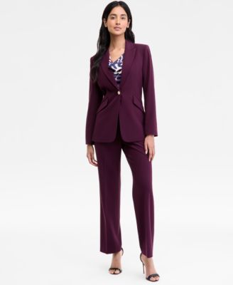 Tahari Asl Single Button Blazer Drape Front Top Flare Pants In Purple